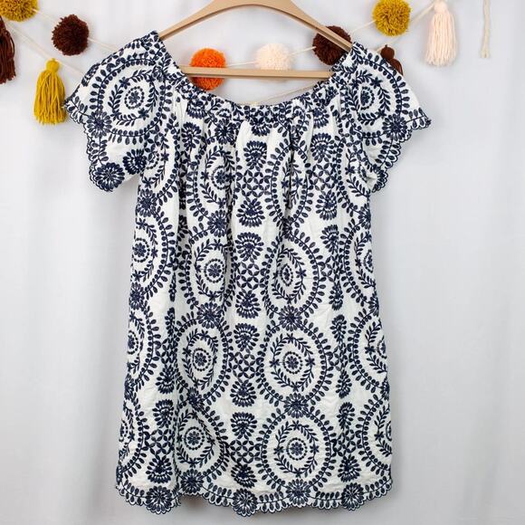 Entro Navy Blue White Floral Paisley Embroidered Off Shoulder Mini Dress Medium - Picture 6 of 6